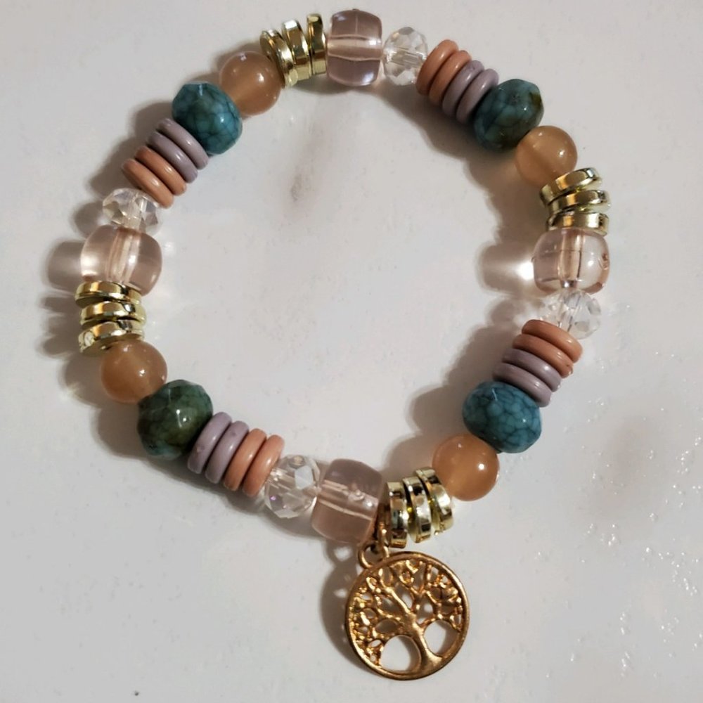 Multi-color beads gold tone Tree of Life Charm Stretch Bracelet - Picture 4 of 11